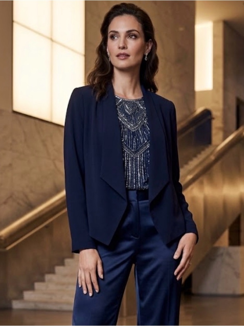 Banana Republic Women's Navy Draped Open-Front Blazer Jacket